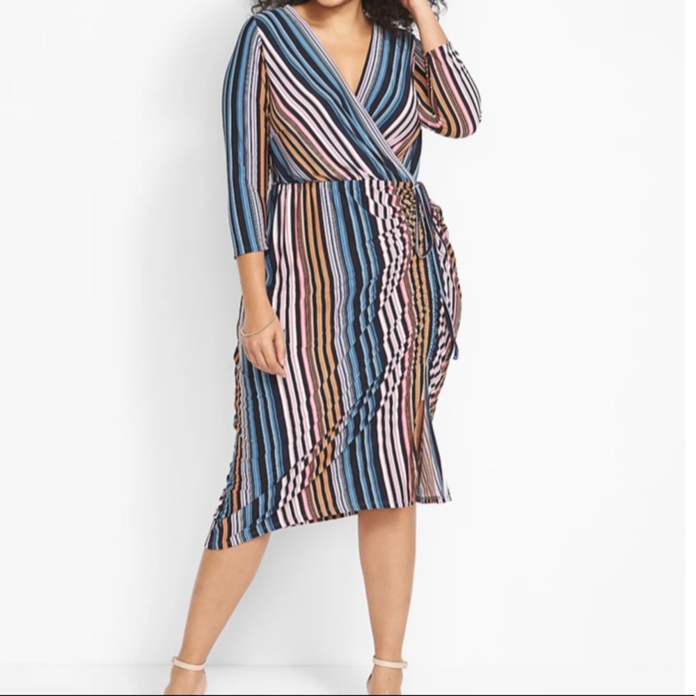 Anthem Stripes Surplice-Neck Side-Ruched Midi Dress